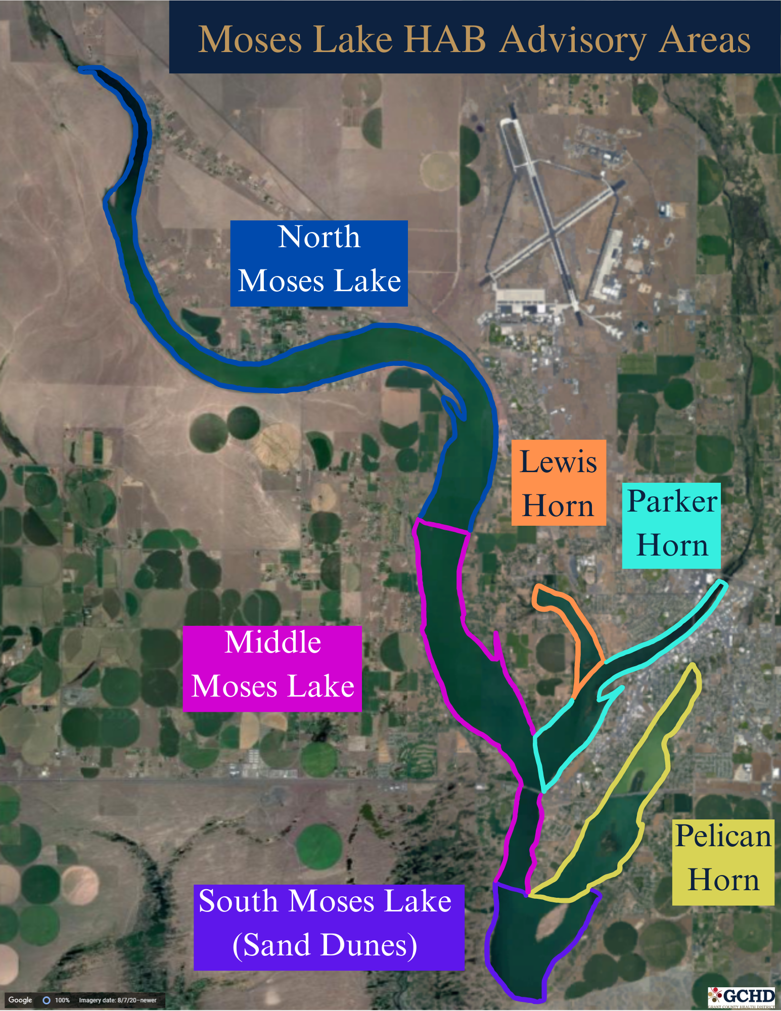Map of blue-green algae advisory zones on Moses Lake